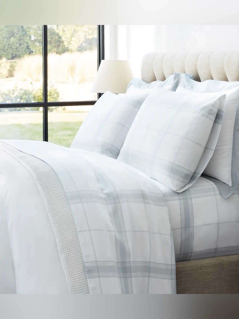 3 pc BOLL & BRANCH full queen Plaid Cotton Duvet Cover Set in Light Blue  White